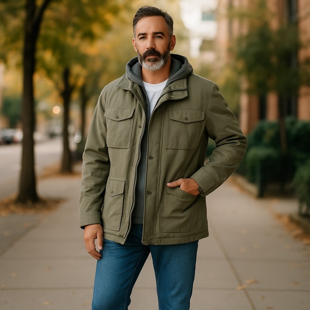Faded Glory L Full Zip‎ Hooded Gray Chore Jacket Barn Cattle Chickens